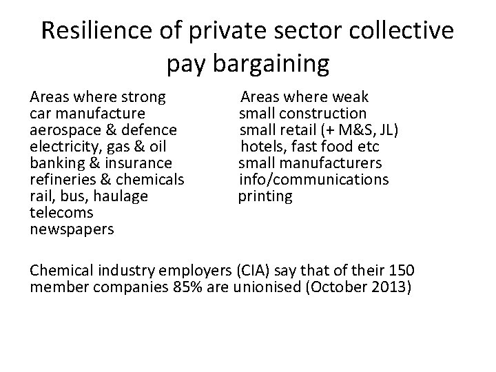 Resilience of private sector collective pay bargaining Areas where strong car manufacture aerospace &