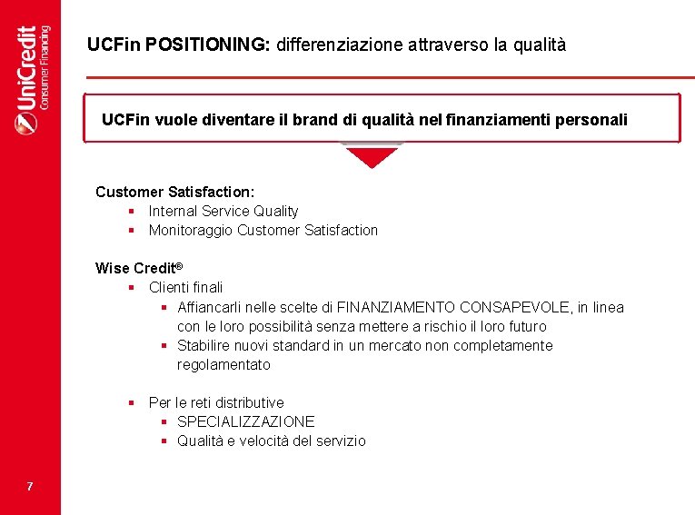 UCFin POSITIONING: differenziazione attraverso la qualità UCFin vuole diventare il brand di qualità nel