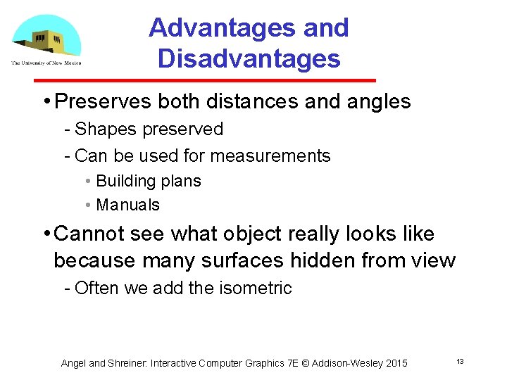 Advantages and Disadvantages • Preserves both distances and angles Shapes preserved Can be used