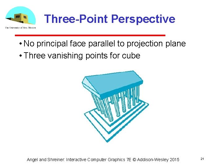 Three-Point Perspective • No principal face parallel to projection plane • Three vanishing points