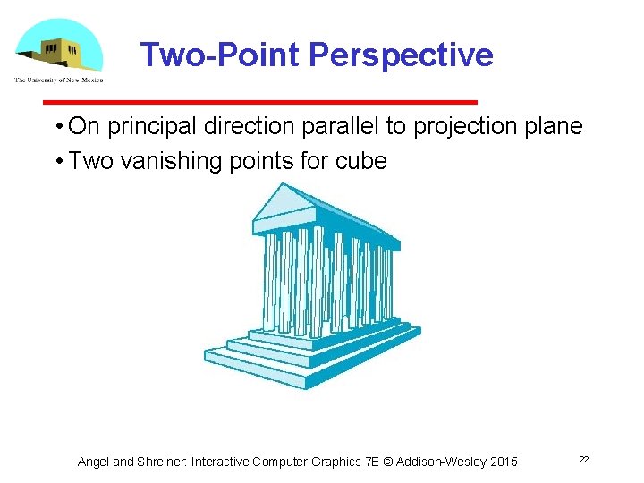 Two-Point Perspective • On principal direction parallel to projection plane • Two vanishing points