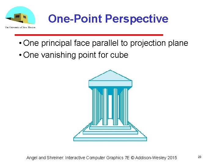 One-Point Perspective • One principal face parallel to projection plane • One vanishing point