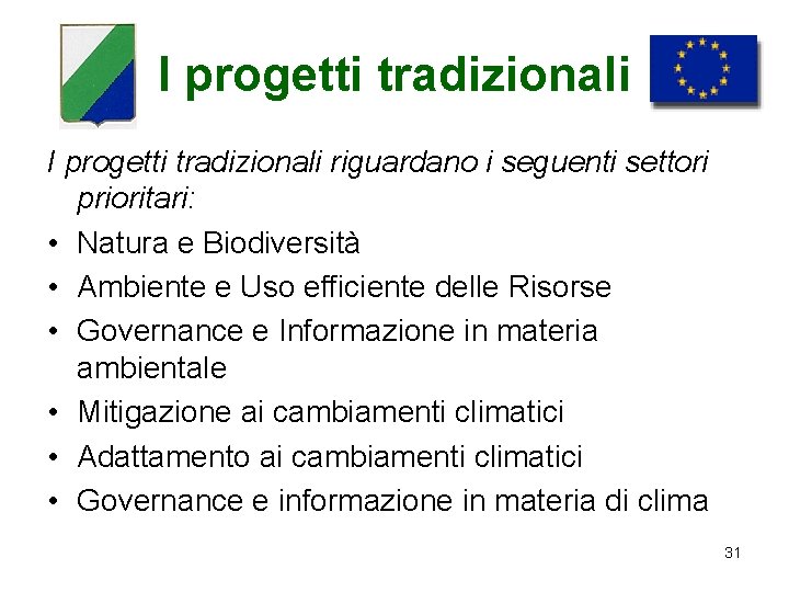 I progetti tradizionali riguardano i seguenti settori prioritari: • Natura e Biodiversità • Ambiente