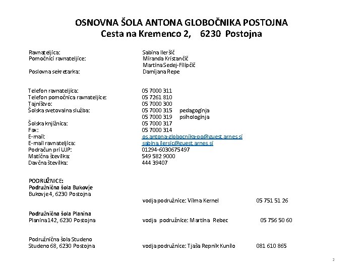 OSNOVNA ŠOLA ANTONA GLOBOČNIKA POSTOJNA Cesta na Kremenco 2, 6230 Postojna Ravnateljica: Pomočnici ravnateljice: