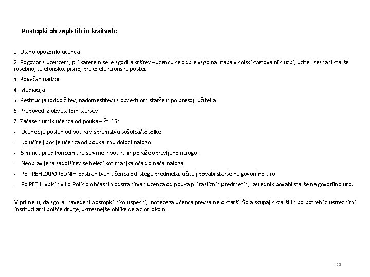 Postopki ob zapletih in kršitvah: 1. Ustno opozorilo učenca. 2. Pogovor z učencem, pri
