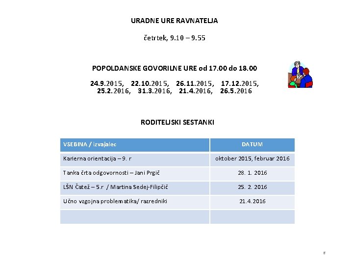 URADNE URE RAVNATELJA četrtek, 9. 10 – 9. 55 POPOLDANSKE GOVORILNE URE od 17.