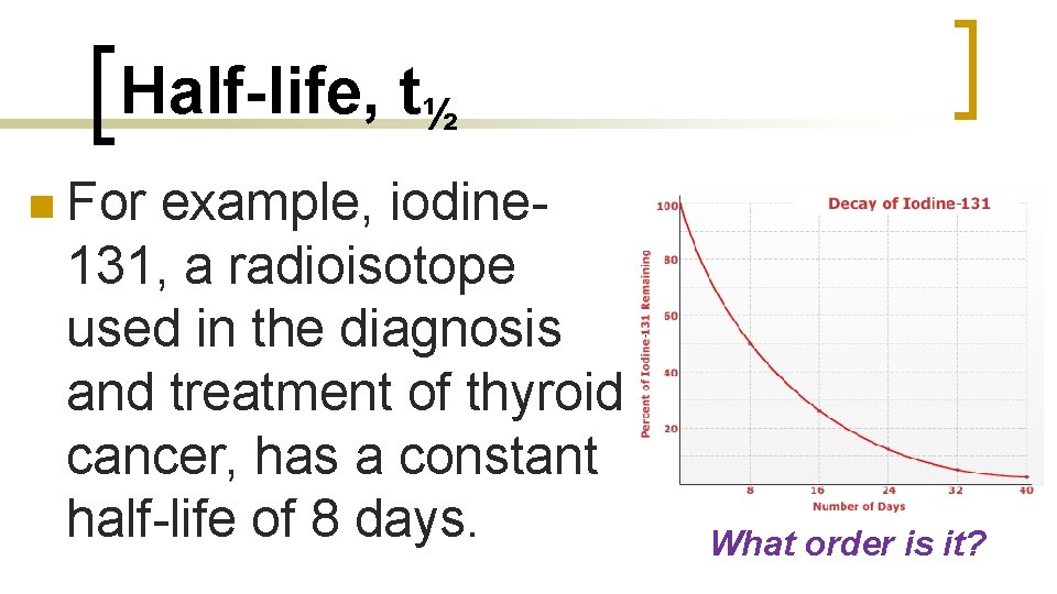 Half-life, t½ n For example, iodine 131, a radioisotope used in the diagnosis and