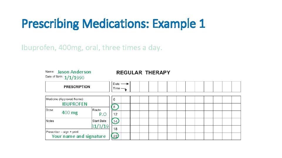 Prescribing Medications: Example 1 Ibuprofen, 400 mg, oral, three times a day. Jason Anderson