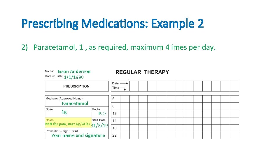 Prescribing Medications: Example 2 2) Paracetamol, 1 , as required, maximum 4 imes per