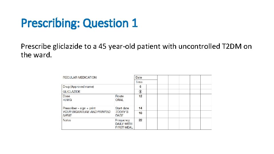 Prescribing: Question 1 Prescribe gliclazide to a 45 year-old patient with uncontrolled T 2