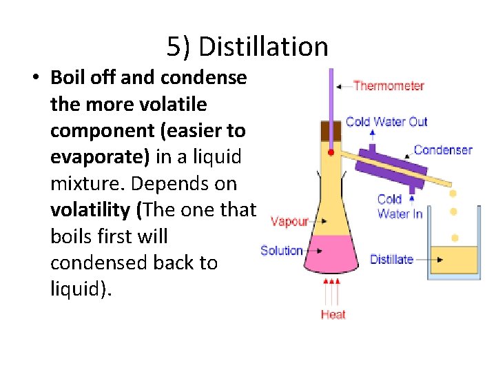 5) Distillation • Boil off and condense the more volatile component (easier to evaporate)