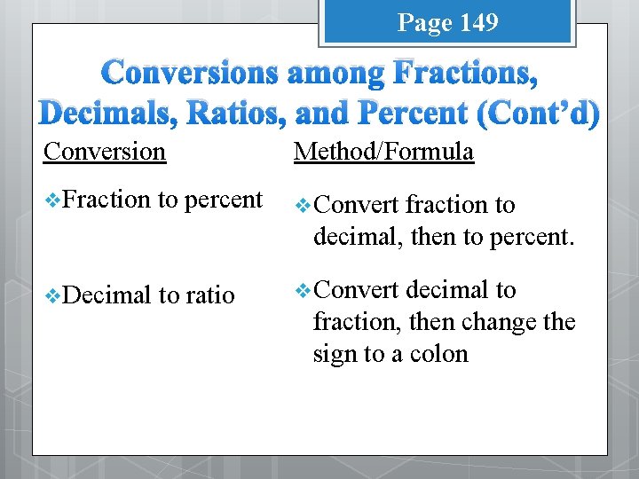 Page 149 Conversions among Fractions, Decimals, Ratios, and Percent (Cont’d) Conversion Method/Formula v Fraction