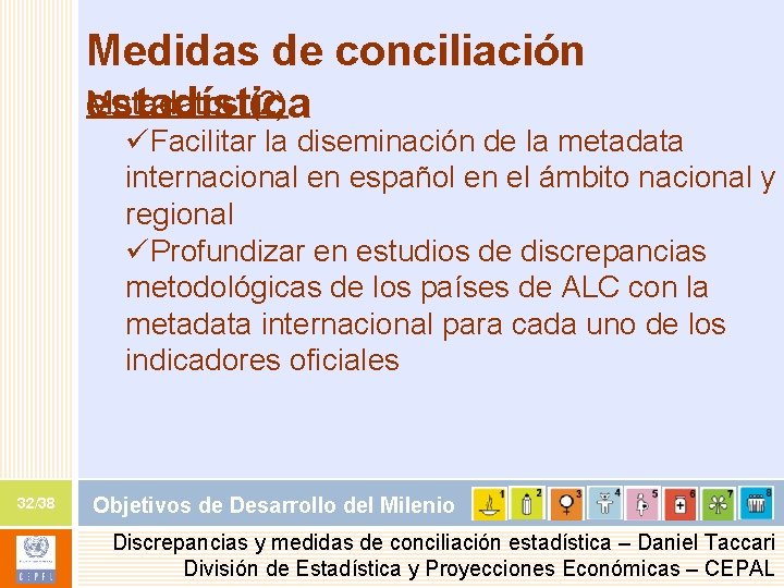 Medidas de conciliación Metadatos (2) estadística üFacilitar la diseminación de la metadata internacional en