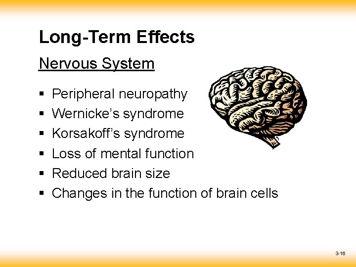 Long-Term Effects Nervous System § § § Peripheral neuropathy Wernicke’s syndrome Korsakoff’s syndrome Loss