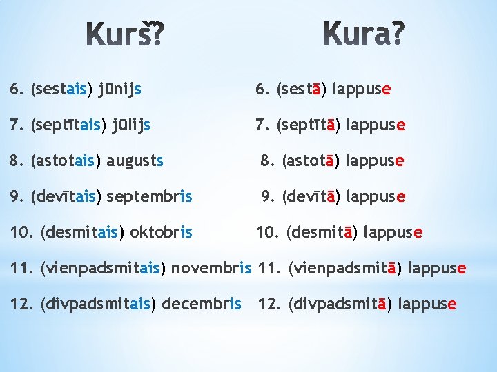 6. (sestais) jūnijs 6. (sestā) lappuse 7. (septītais) jūlijs 7. (septītā) lappuse 8. (astotais)