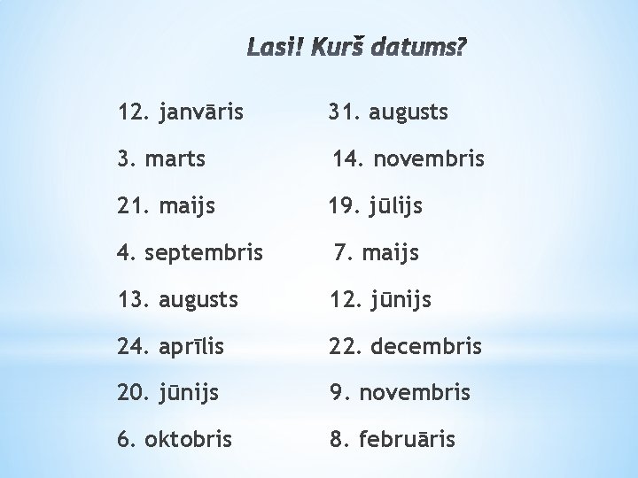 12. janvāris 31. augusts 3. marts 14. novembris 21. maijs 19. jūlijs 4. septembris