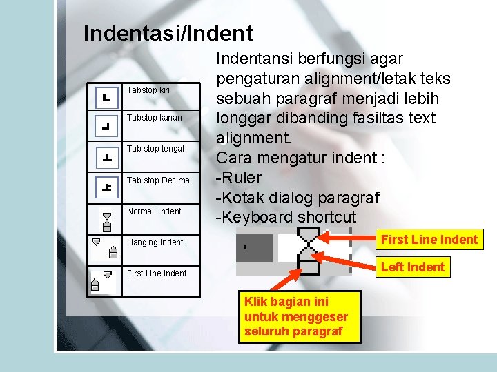 Indentasi/Indent Tabstop kiri Tabstop kanan Tab stop tengah Tab stop Decimal Normal Indentansi berfungsi