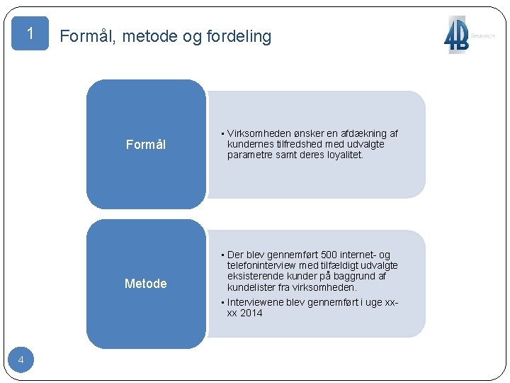 1 4 Formål, metode og fordeling Formål • Virksomheden ønsker en afdækning af kundernes