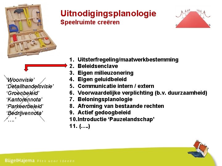 Uitnodigingsplanologie Speelruimte creëren ‘Woonvisie’ ‘Detailhandelsvisie’ ‘Groenbeleid’ ‘Kantorennota’ ‘Parkeerbeleid’ ‘Bedrijvennota’ ‘…. ’ 1. Uitsterfregeling/maatwerkbestemming 2.