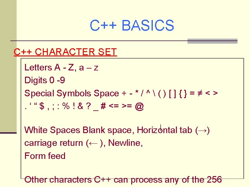 C++ BASICS C++ CHARACTER SET Letters A - Z, a – z Digits 0