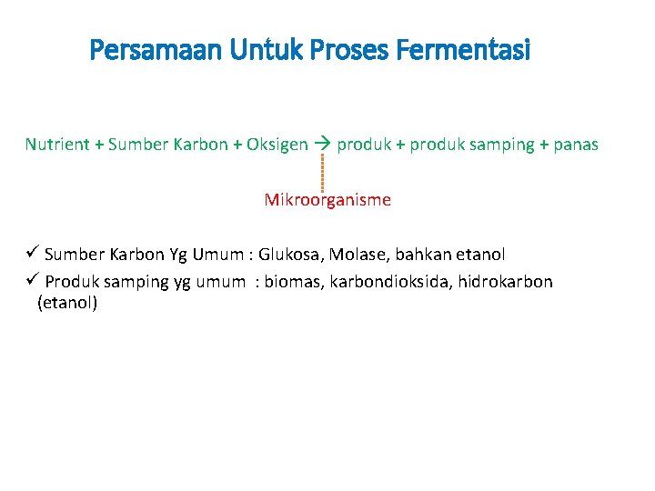 Persamaan Untuk Proses Fermentasi Nutrient + Sumber Karbon + Oksigen produk + produk samping