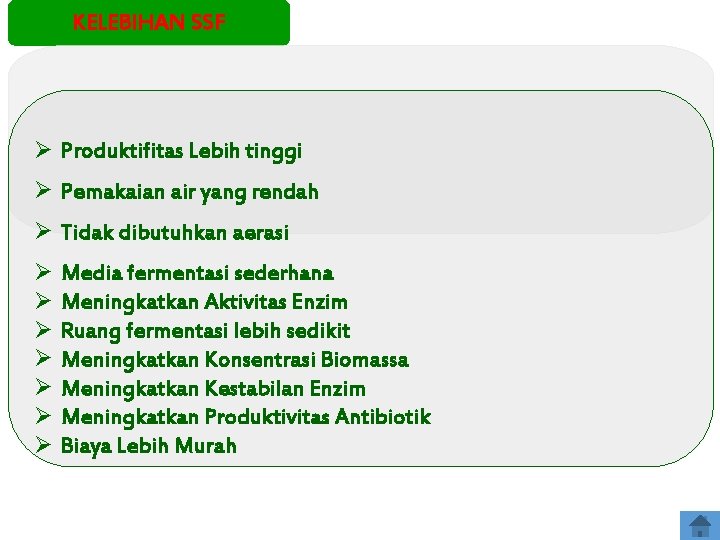 KELEBIHAN SSF Ø Produktifitas Lebih tinggi Ø Pemakaian air yang rendah Ø Tidak dibutuhkan