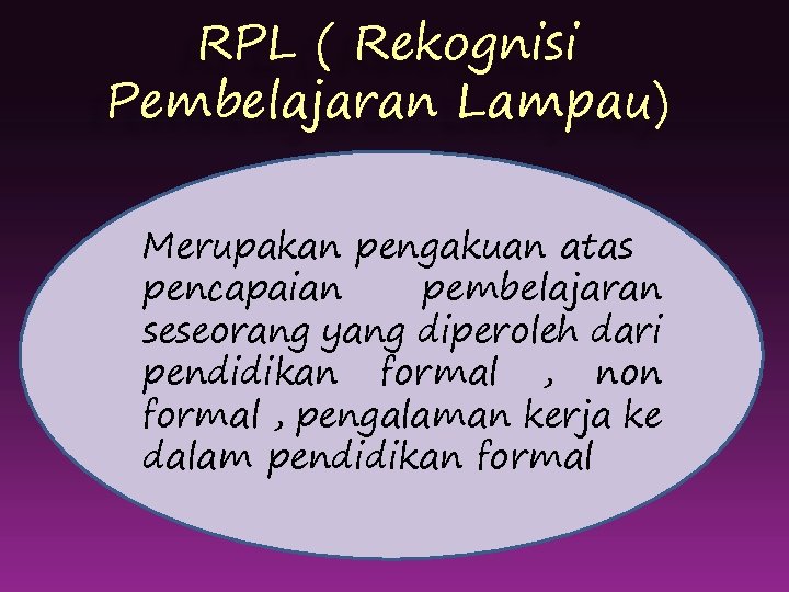 RPL ( Rekognisi Pembelajaran Lampau) Merupakan pengakuan atas pencapaian pembelajaran seseorang yang diperoleh dari