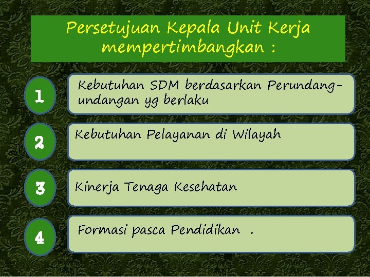 Persetujuan Kepala Unit Kerja mempertimbangkan : 1 Kebutuhan SDM berdasarkan Perundangan yg berlaku 2