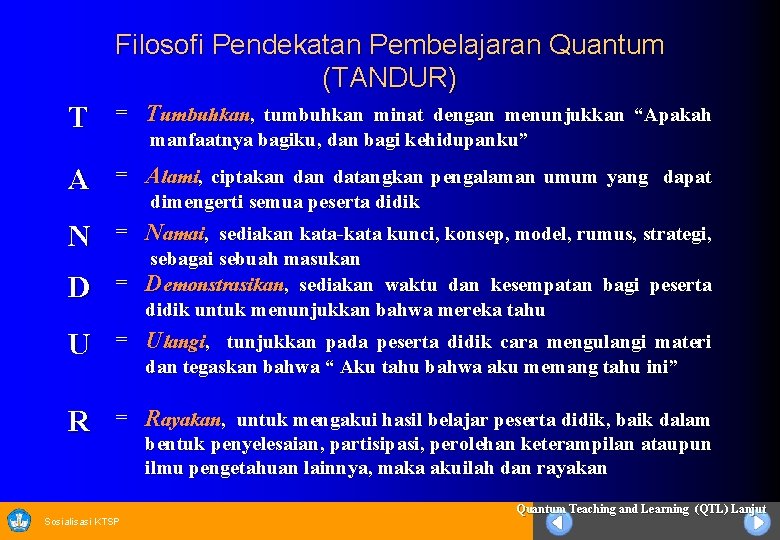 Filosofi Pendekatan Pembelajaran Quantum (TANDUR) T = Tumbuhkan, tumbuhkan minat dengan menunjukkan “Apakah A