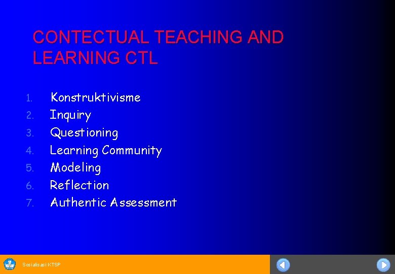 CONTECTUAL TEACHING AND LEARNING CTL 1. 2. 3. 4. 5. 6. 7. Konstruktivisme Inquiry