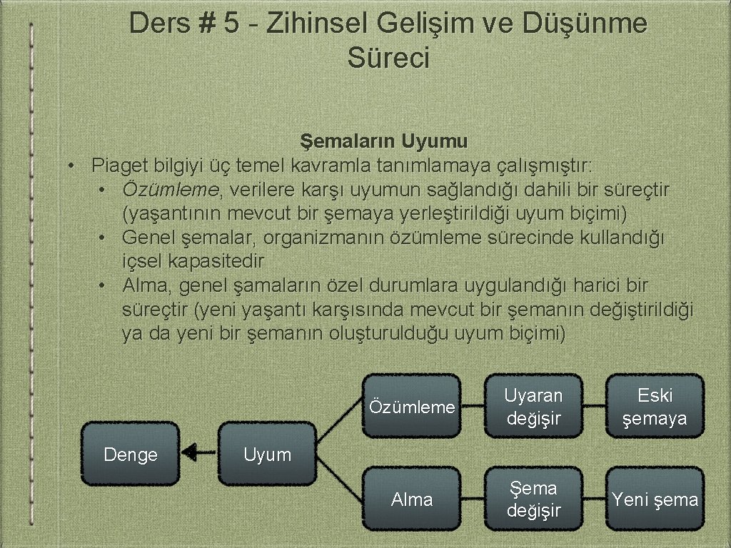 Ders # 5 - Zihinsel Gelişim ve Düşünme Süreci Şemaların Uyumu • Piaget bilgiyi
