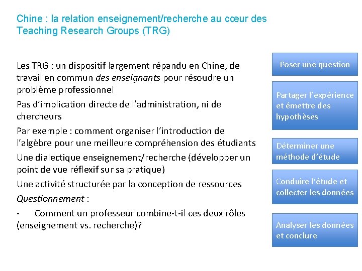 Chine : la relation enseignement/recherche au cœur des Teaching Research Groups (TRG) Les TRG