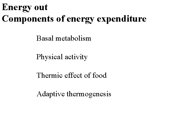 Energy out Components of energy expenditure Basal metabolism Physical activity Thermic effect of food