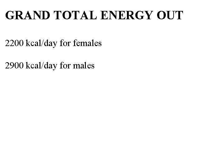 GRAND TOTAL ENERGY OUT 2200 kcal/day for females 2900 kcal/day for males 