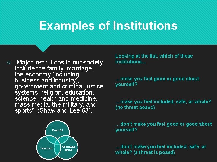 Examples of Institutions ○ “Major institutions in our society include the family, marriage, the