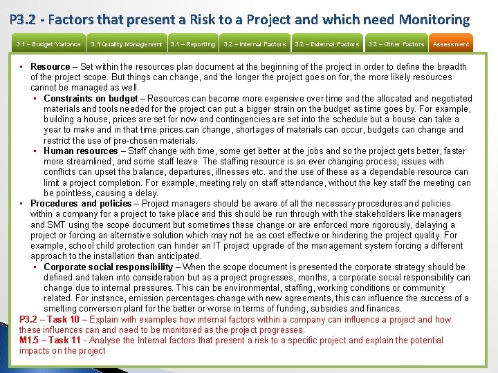 P 3. 2 - Factors that present a Risk to a Project and which