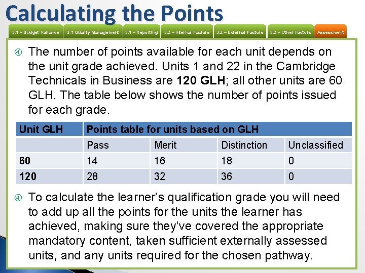 Calculating the Points 3. 1 – Budget Variance 3. 1 Quality Management 3. 1