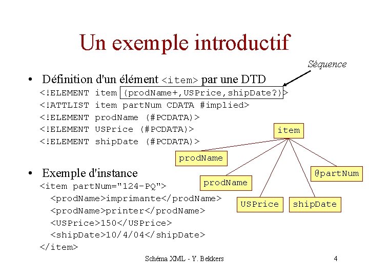 Un exemple introductif Séquence • Définition d'un élément <item> par une DTD <!ELEMENT <!ATTLIST