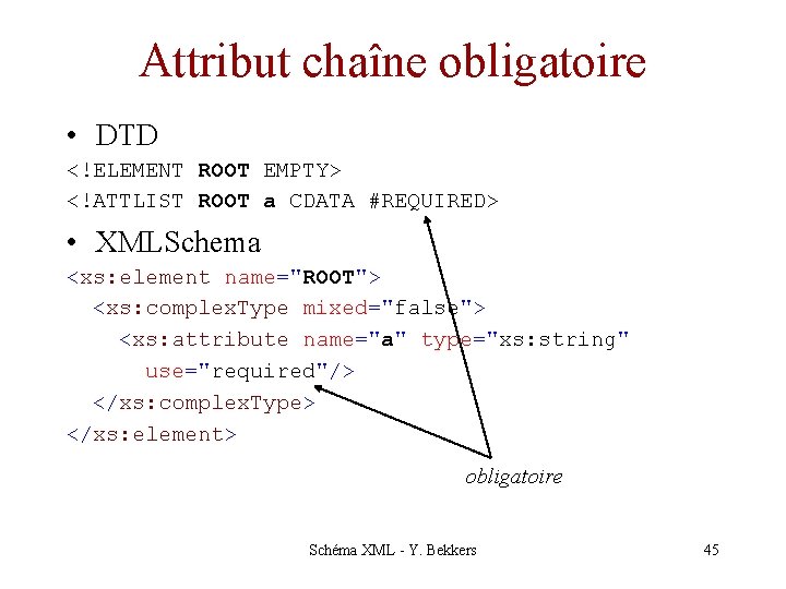 Attribut chaîne obligatoire • DTD <!ELEMENT ROOT EMPTY> <!ATTLIST ROOT a CDATA #REQUIRED> •