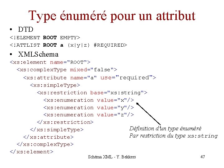 Type énuméré pour un attribut • DTD <!ELEMENT ROOT EMPTY> <!ATTLIST ROOT a (x|y|z)