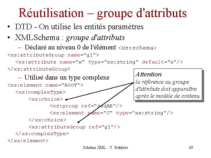 Réutilisation – groupe d'attributs • DTD - On utilise les entités paramètres • XMLSchema