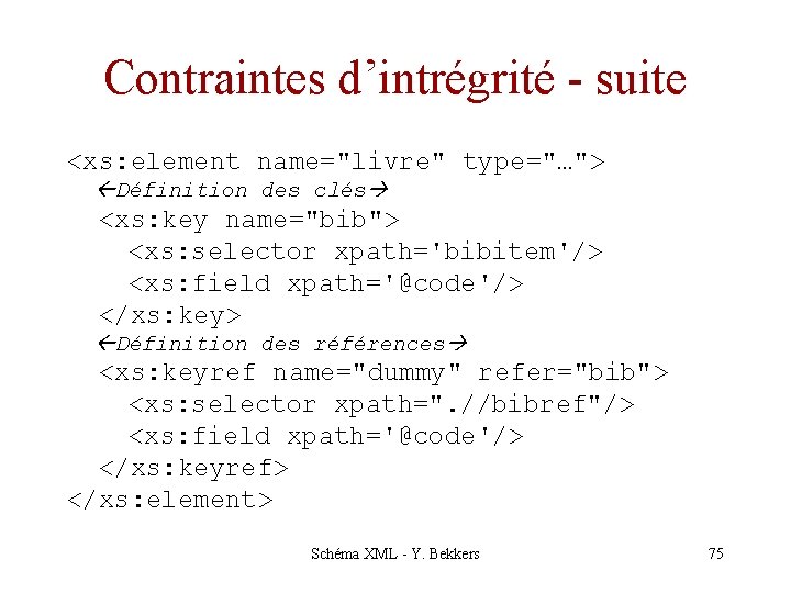 Contraintes d’intrégrité - suite <xs: element name="livre" type="…"> Définition des clés <xs: key name="bib">
