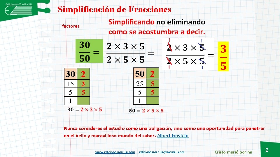 Simplificación de Fracciones Simplificando no eliminando como se acostumbra a decir. factores 30 2