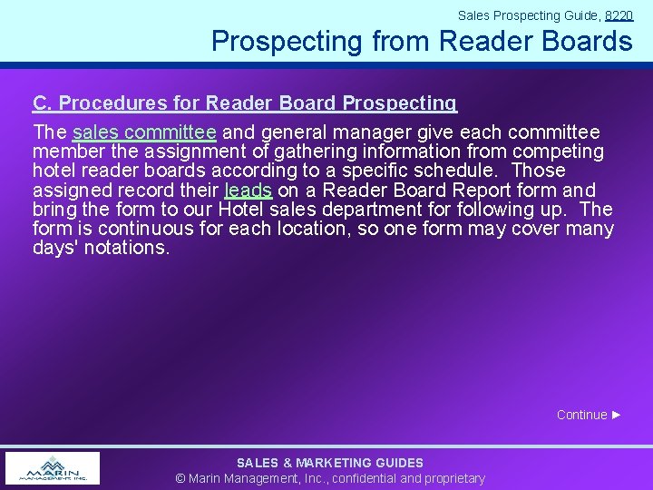 Sales Prospecting Guide, 8220 Prospecting from Reader Boards C. Procedures for Reader Board Prospecting