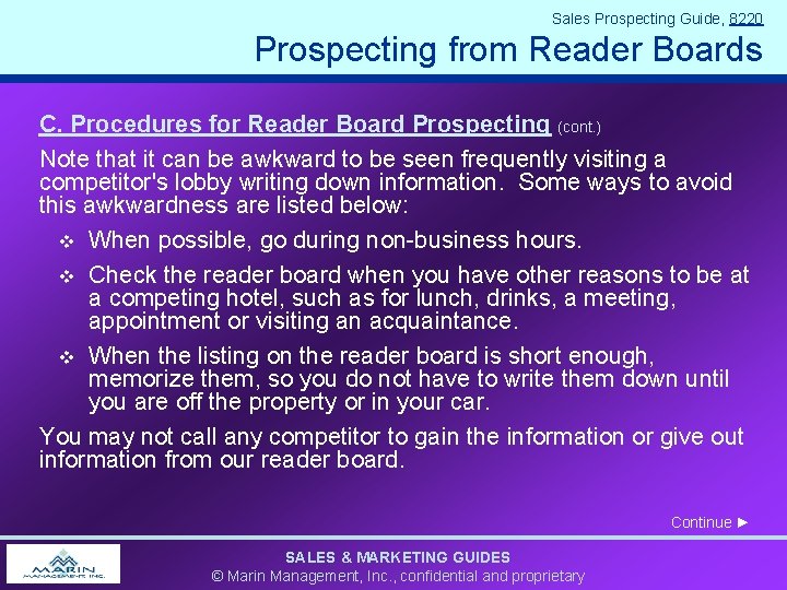 Sales Prospecting Guide, 8220 Prospecting from Reader Boards C. Procedures for Reader Board Prospecting