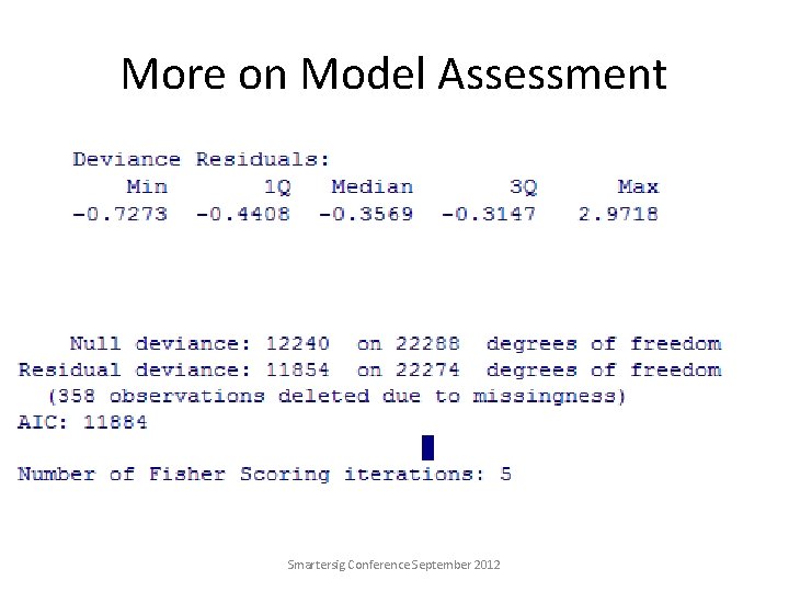 More on Model Assessment Smartersig Conference September 2012 