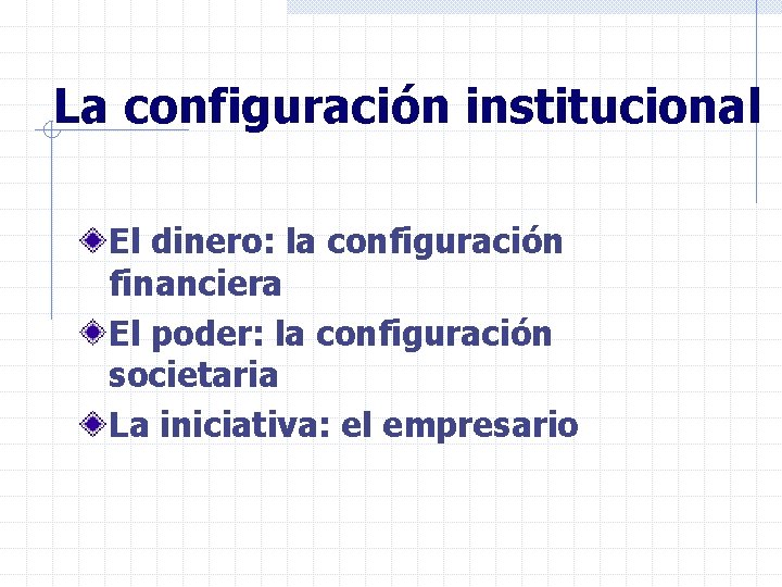 La configuración institucional El dinero: la configuración financiera El poder: la configuración societaria La