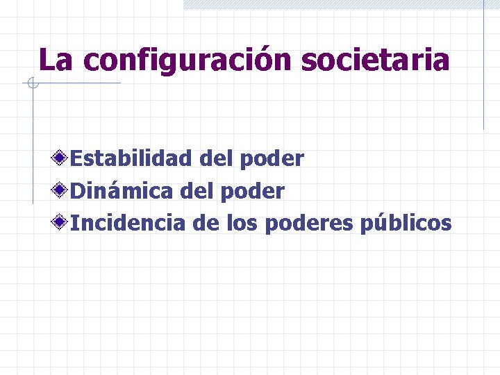 La configuración societaria Estabilidad del poder Dinámica del poder Incidencia de los poderes públicos