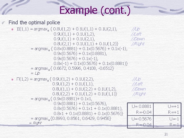 Example (cont. ) Find the optimal police Π(1, 1) = argmaxa { 0. 8