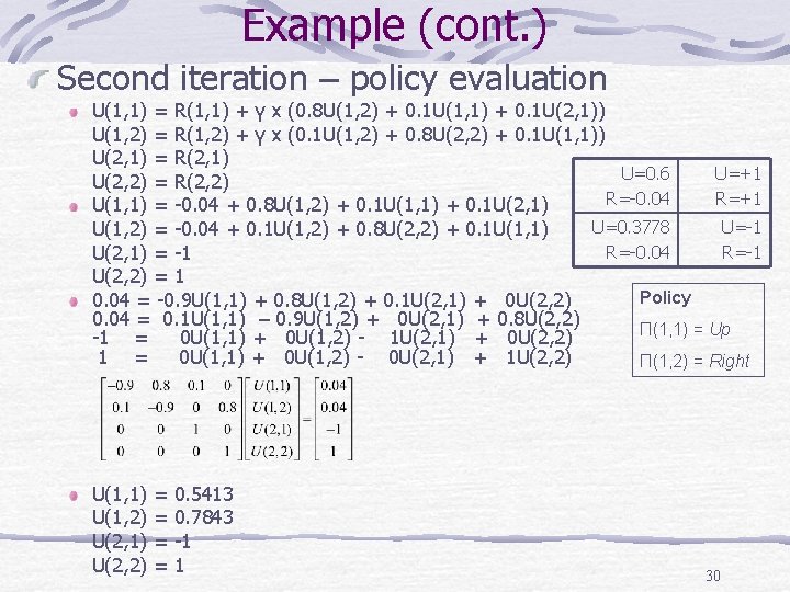 Example (cont. ) Second iteration – policy evaluation U(1, 1) = R(1, 1) +